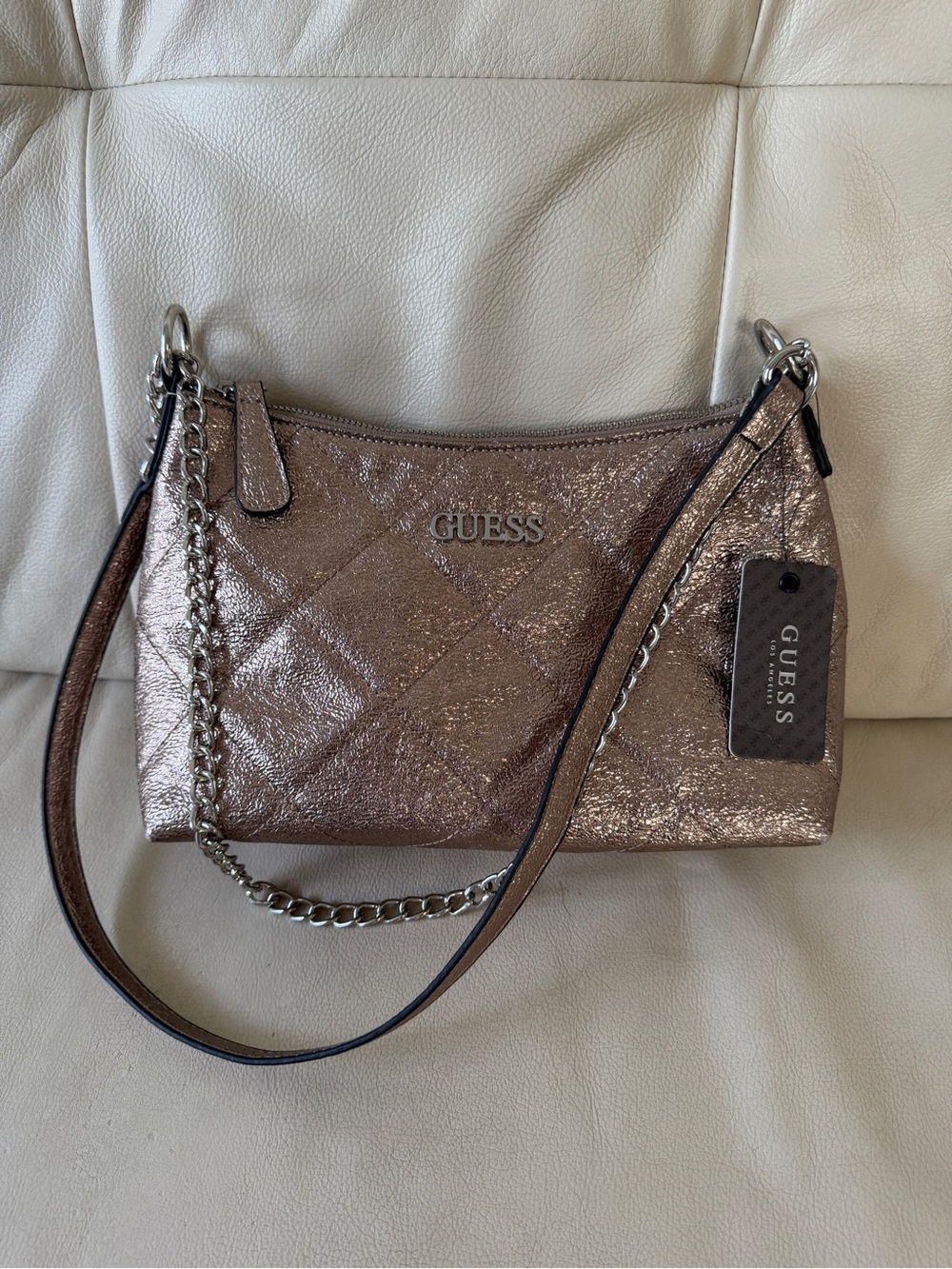 GUESS Metallic Rose Gold Quilted Crossbody Bag